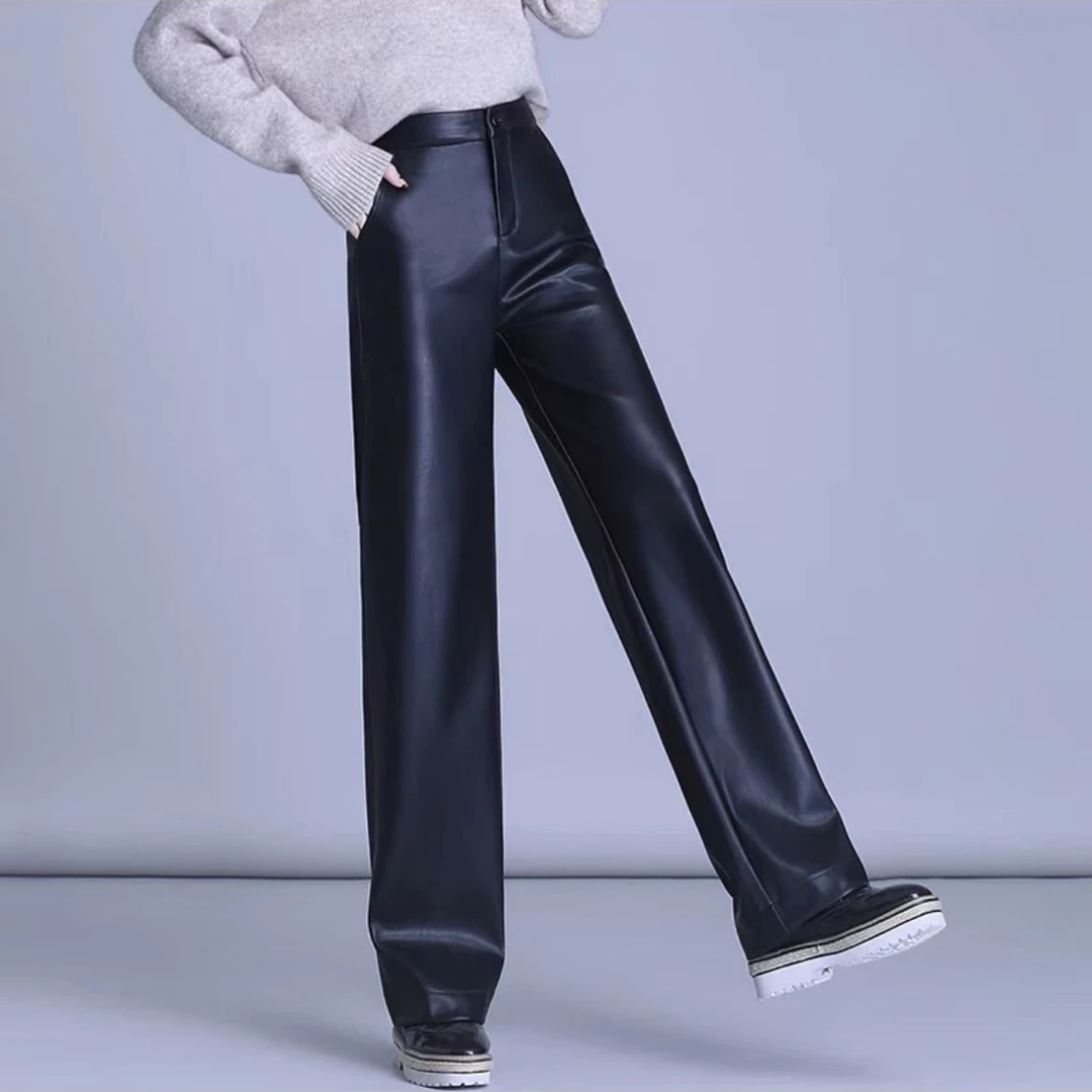 新款海宁真纯皮裤休闲直筒皮长裤拖地裤高腰宽松皮裤SJLR-2083