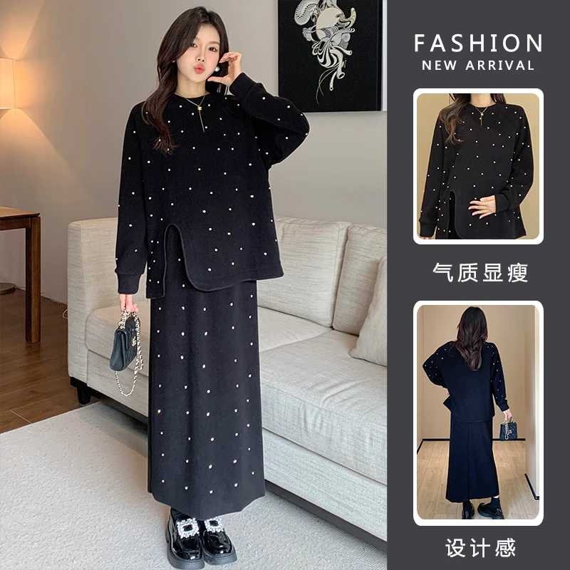 孕妇套装2024秋季新款设计感重工钉钻双面绒时尚上衣+抽绳半身裙