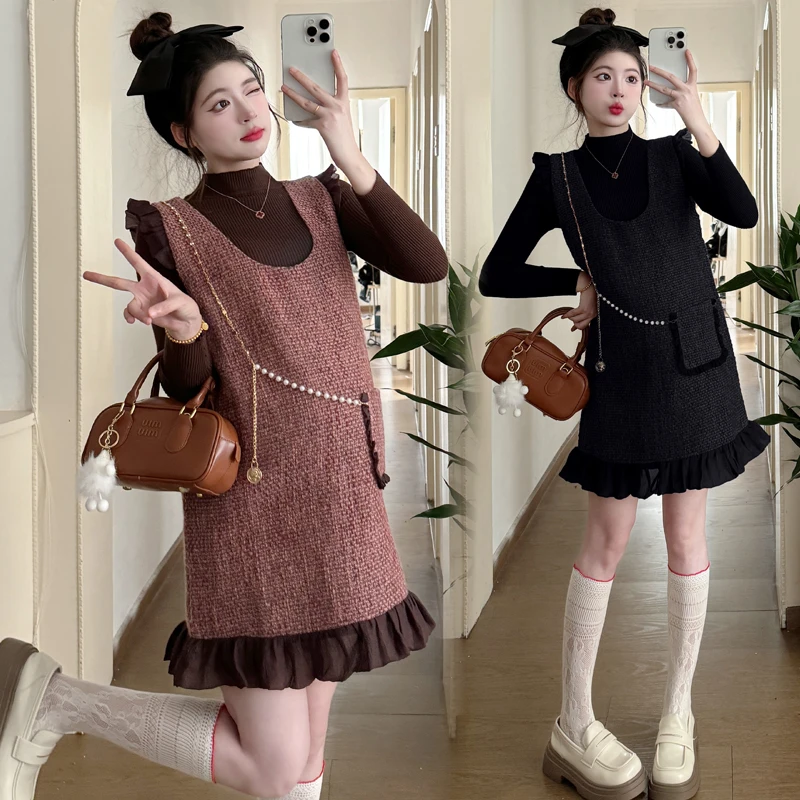孕妇高级感法式复古小香风两件套秋冬新款打底针织衫背心连衣裙女