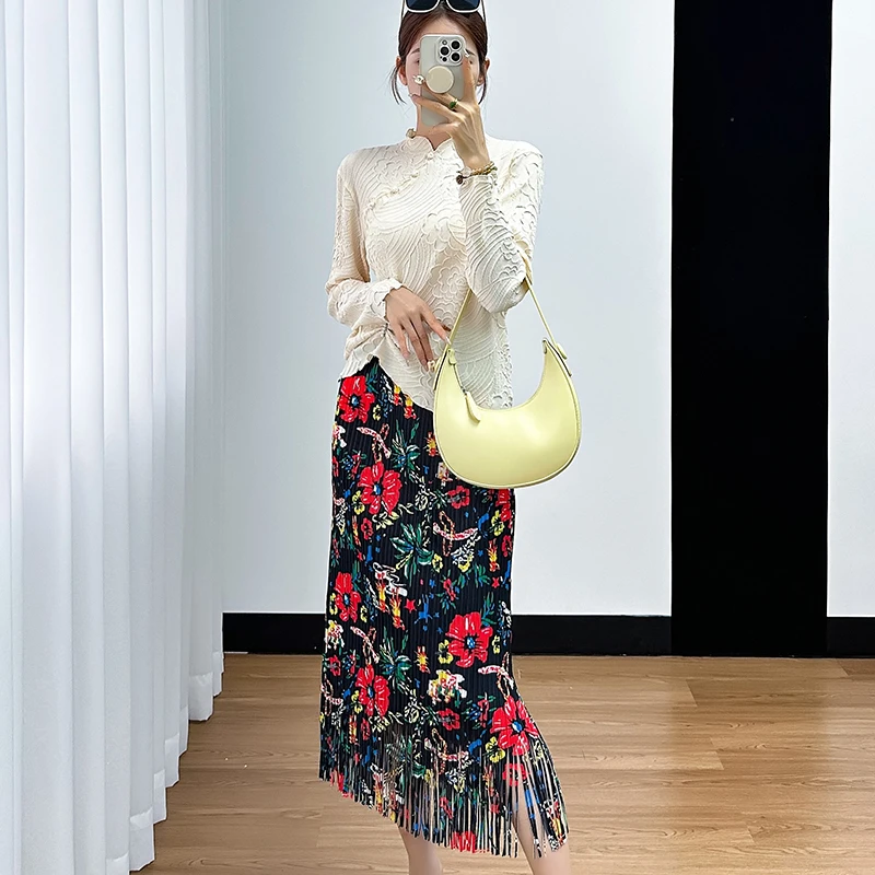 三宅2024年夏季穿搭套装女新中式长袖压褶斜襟上衣优雅碎花半裙