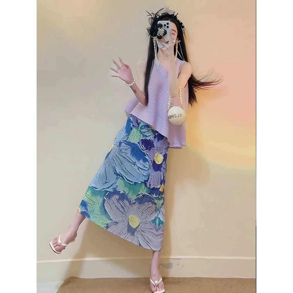 三宅2024年夏季新款气质套装女纯色百搭上衣时尚优雅印花褶皱半裙