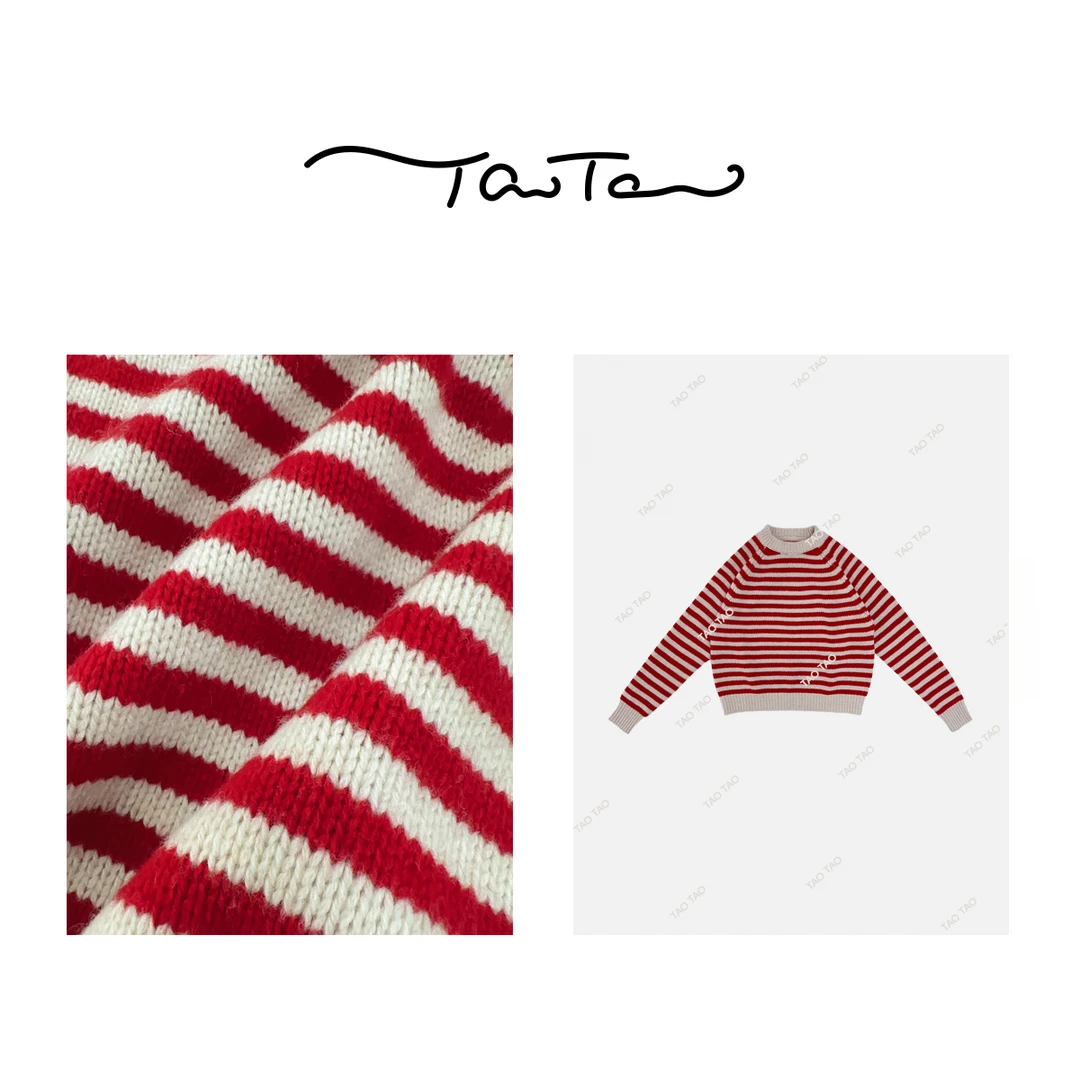 桃桃家-【miu家 本命红】新年红白色条纹休闲短款圆领宽松毛衣403