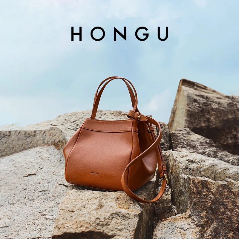 HONGU/红谷新款植鞣皮单肩手提包菜篮子包水桶包真皮女包H5146065