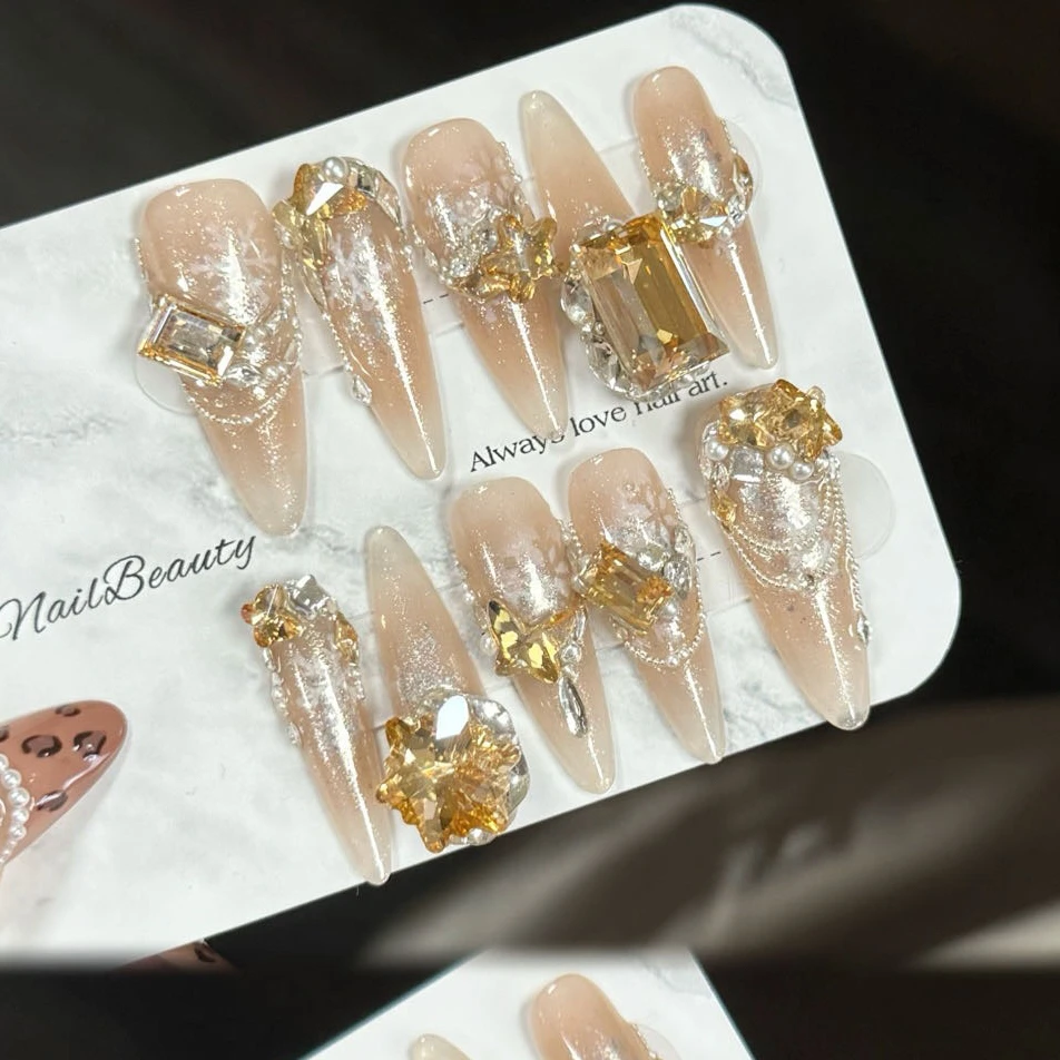 【金色魅影】6926#美丫金色满钻雪花轻奢手工穿戴甲 东洲钻