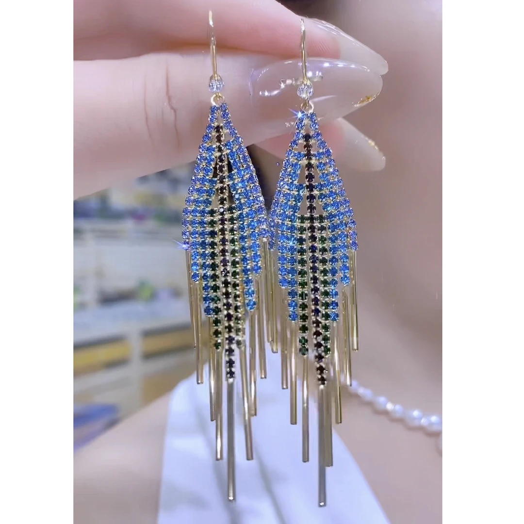 铜合金合成锆石耳饰 Q320时尚气质轻奢简约流苏耳环长款奢华蓝色