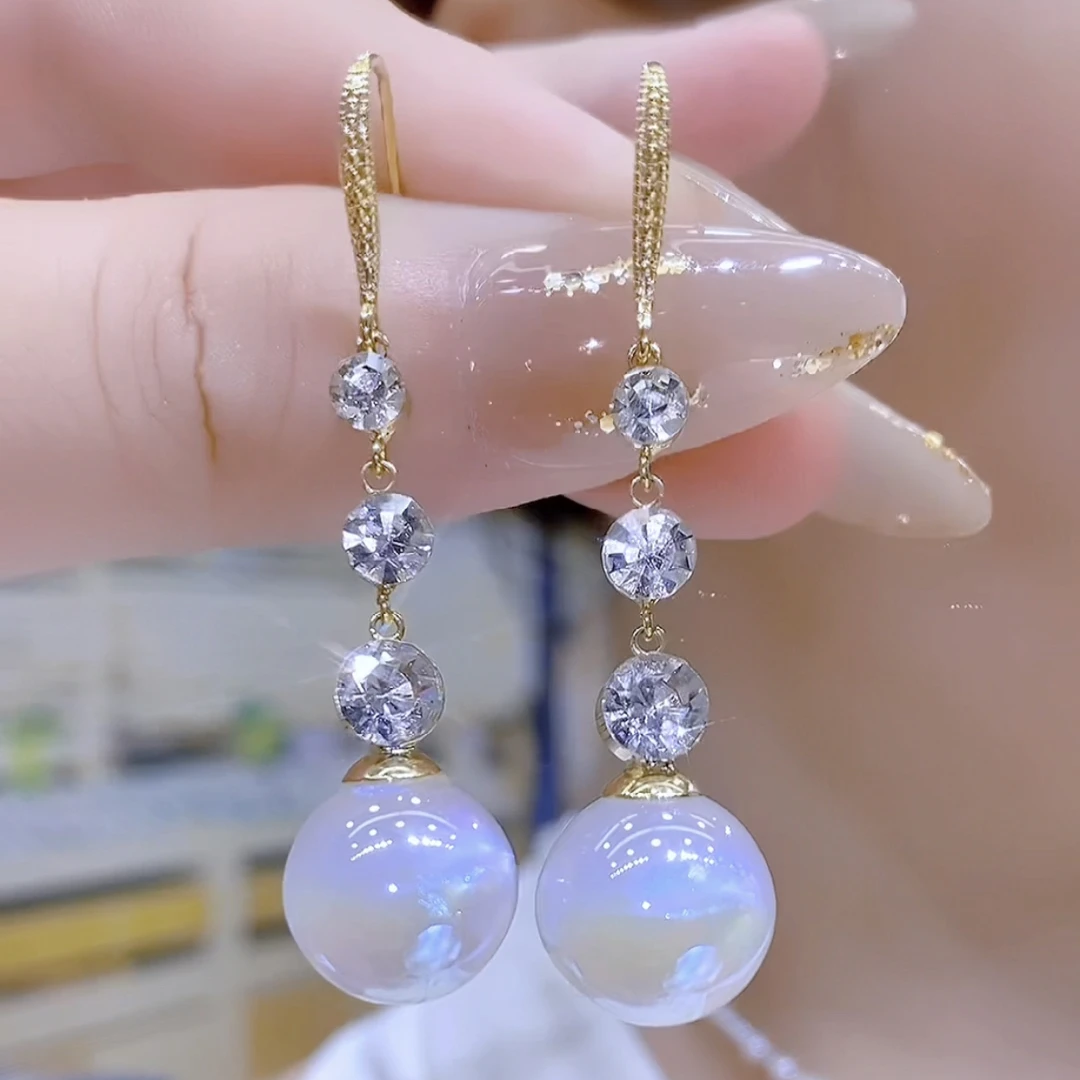 铜合金耳饰 轻奢精致人鱼珠耳钩流苏时尚气质小众耳环长款04289