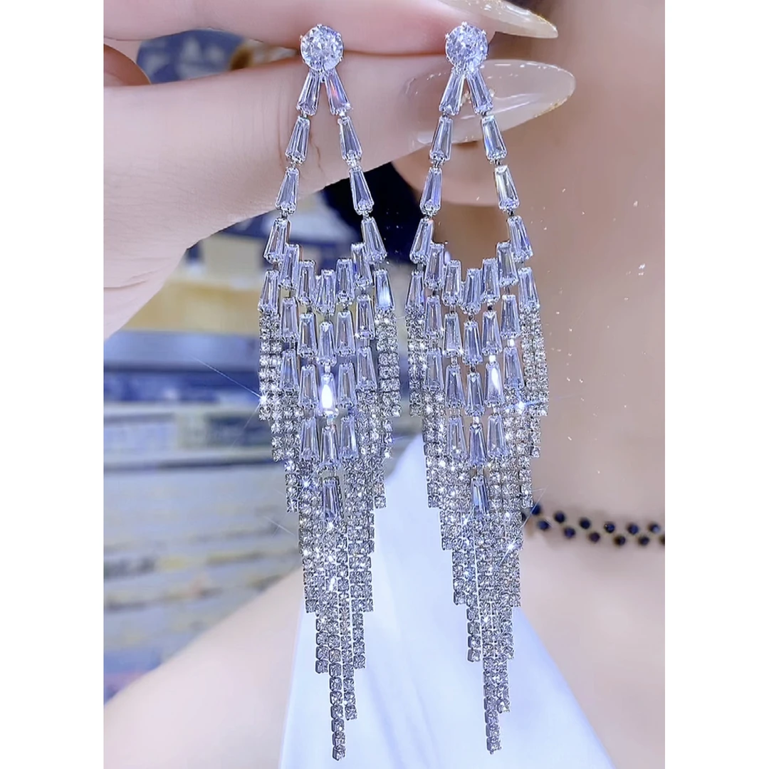 铜合金合成锆石耳饰 时尚潮流韩版气质长款百搭流苏耳环大气轻奢