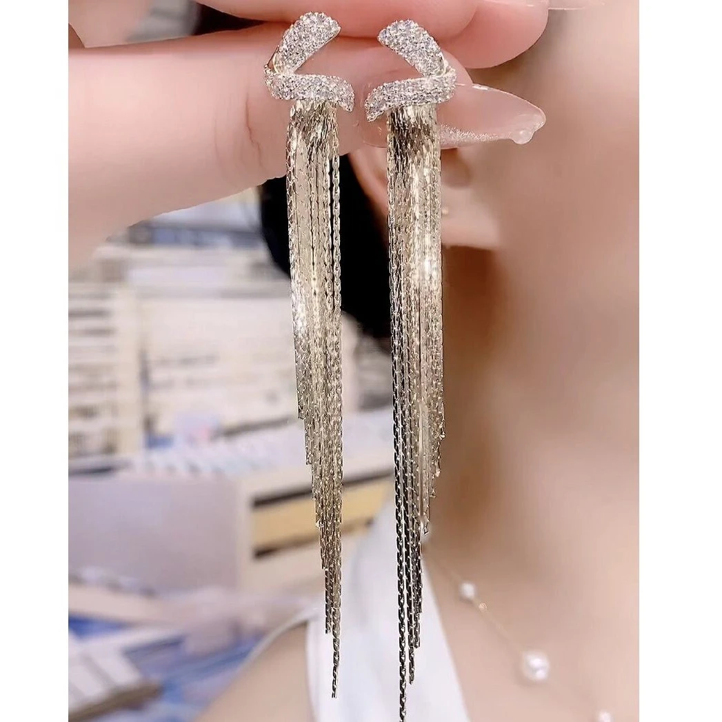 铜合金合成锆石耳饰 Q155轻奢小众时尚长款流苏耳环【女神流苏】