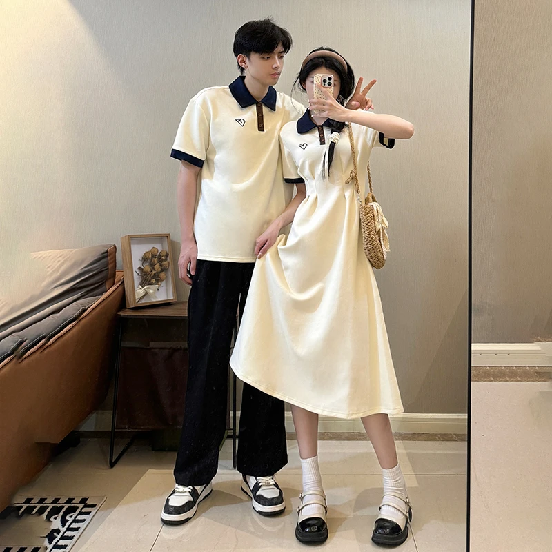 爱心情侣装夏季一衣一裙ins短袖T恤高级感连衣裙女长裙子Polo衫男