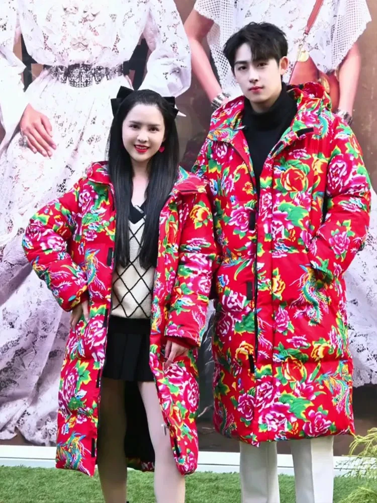 网红东北大花长版棉袄冬季新款时尚加厚保暖民族风大版棉服长版