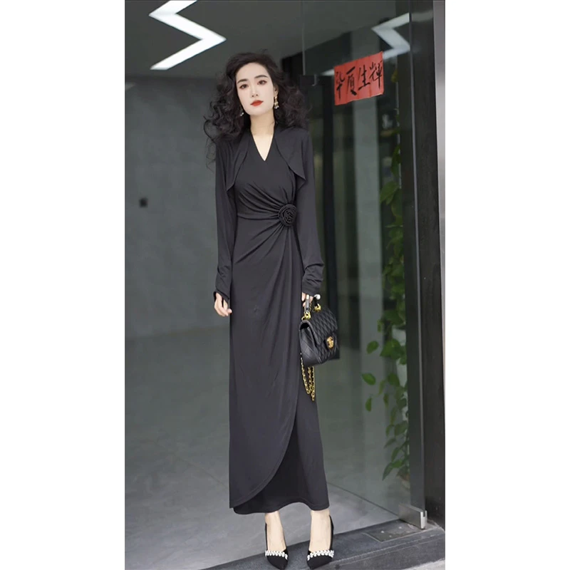 春秋高级感时尚套装名媛气质优雅短披肩盘花长款连衣裙裙子秋季