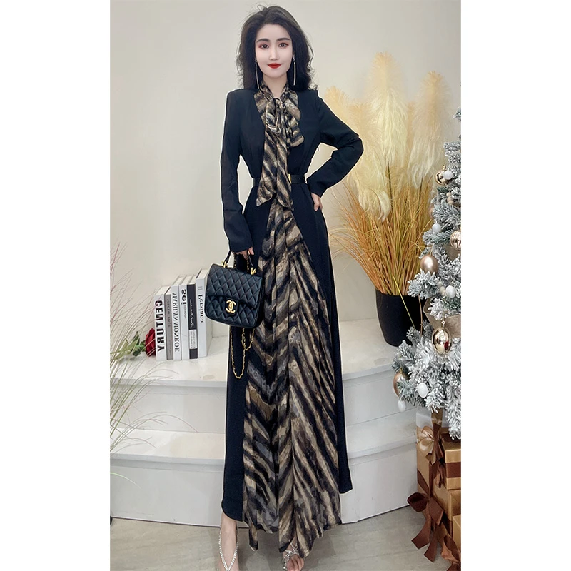 春秋女2024新款气质假两件高端长款通勤条纹系带连衣裙女82299