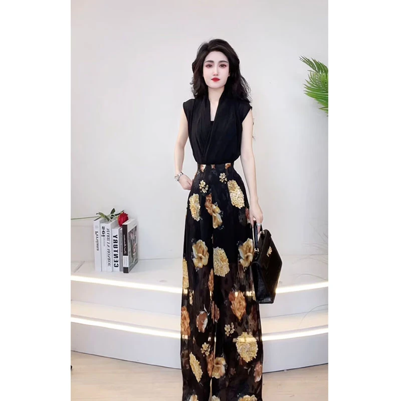 时尚气质黑色夏季显瘦套装2024新款法式收腰两级那套女885203