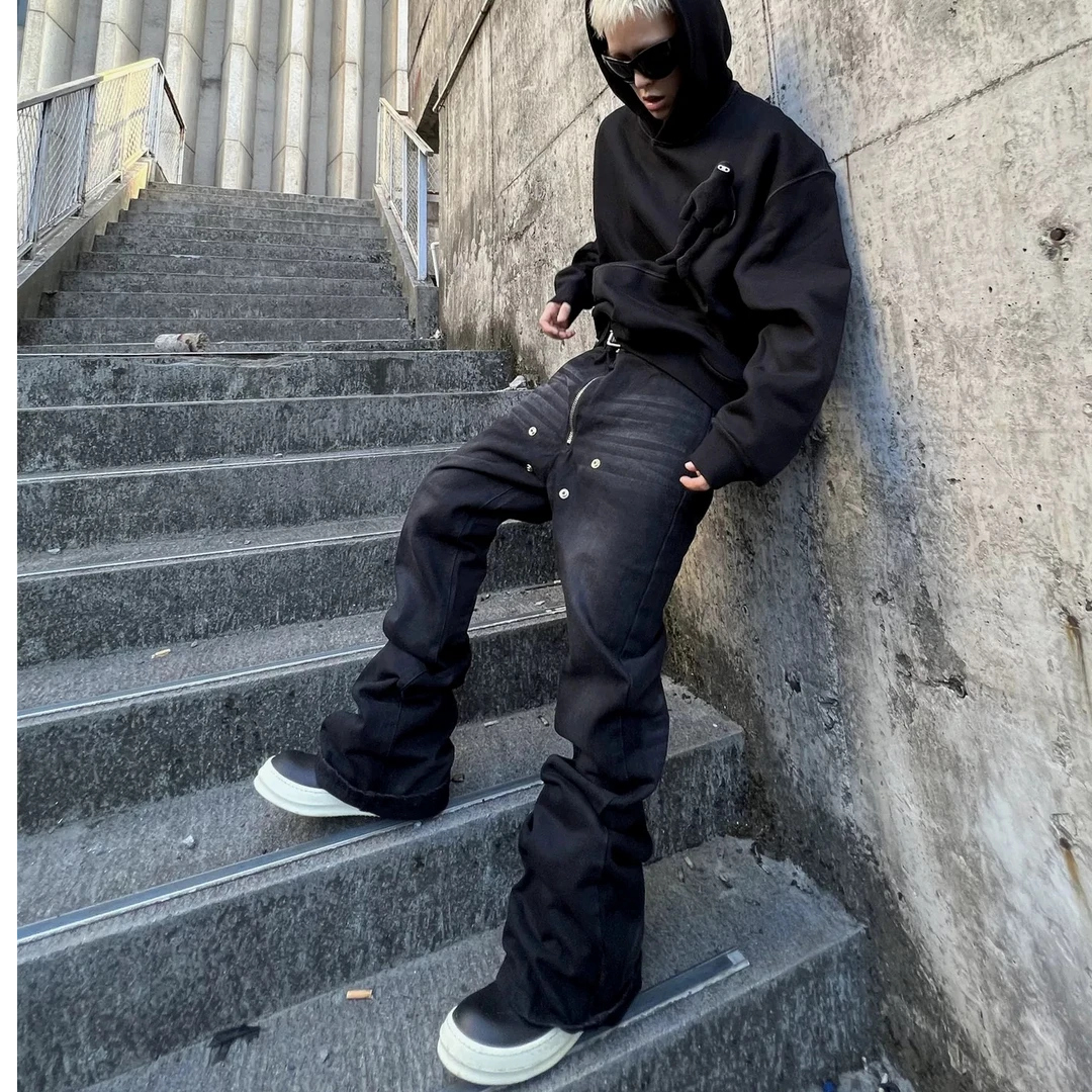 KARMANISTIC 美式水洗宽松直筒微喇叭牛仔裤男女做旧微弹力柳钉裤