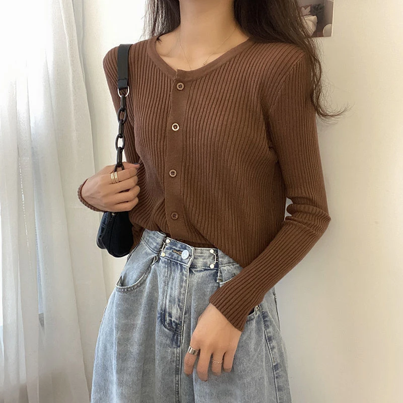 简约百搭圆领开衫长袖针织衫女秋季新款韩版修身显瘦洋气短款上衣