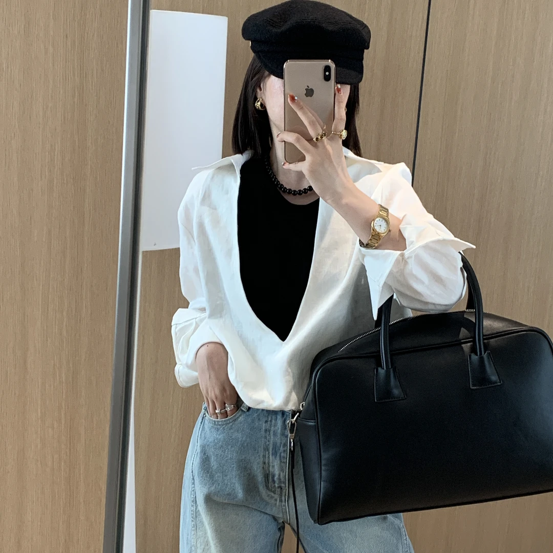 假两件黑白撞色法式气质通勤衬衫优雅OL宽松时尚V领亚麻上衣小衫
