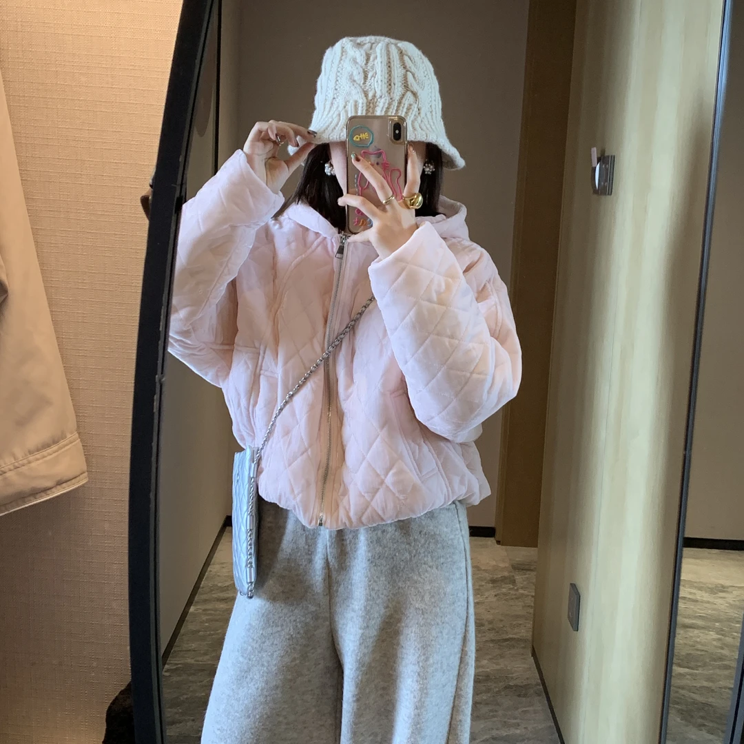 粉嫩韩版连帽菱格丝绒棉服百搭时尚宽松保暖秋冬季棉衣小个子外套
