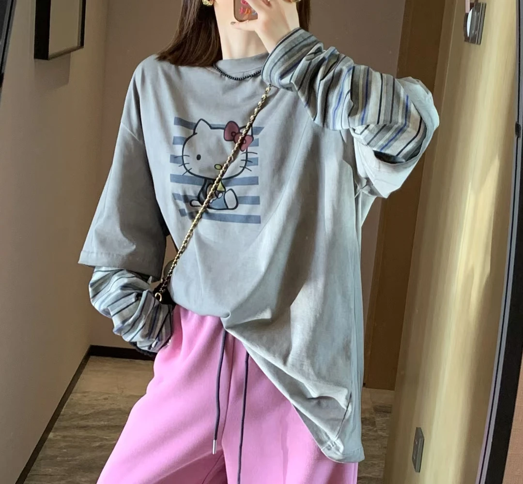 kt做旧休闲时尚假两件T恤卡通印花百搭上衣条纹拼接宽松韩版内搭T