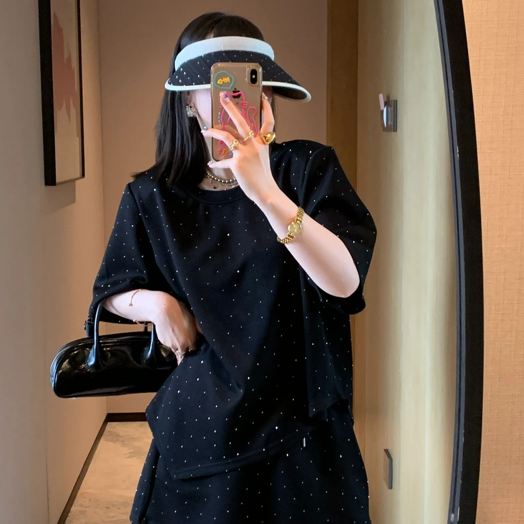 烫钻斜切不规则T恤韩版洋气休闲时尚满钻百搭气质宽松上衣