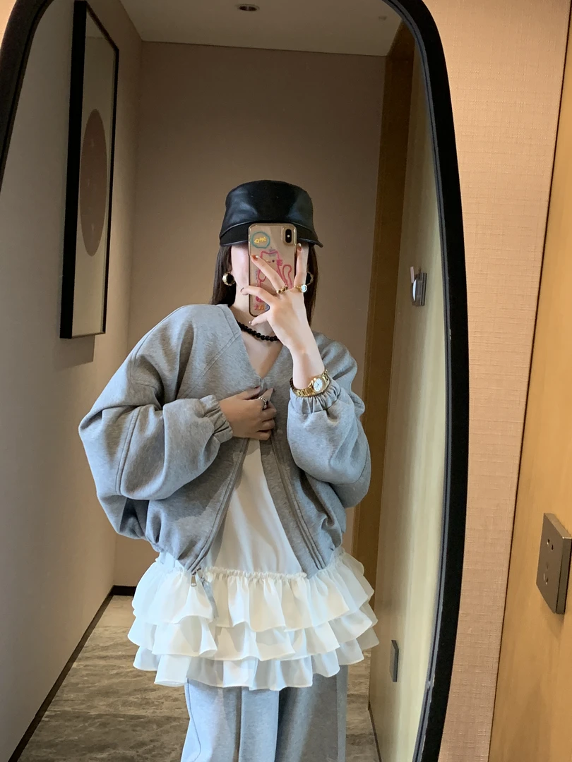 休闲宽松慵懒廓形蝙蝠袖卫衣双头拉链开衫外套韩版百搭棒球服上衣