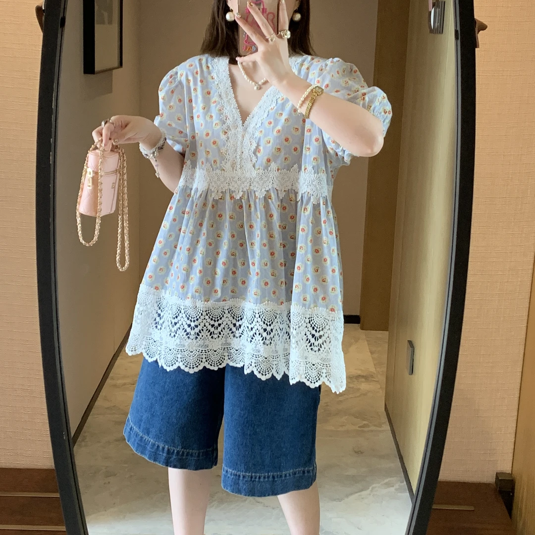 蕾丝V领碎花休闲慵懒甜美衬衫减龄宽松韩版时尚上衣小衫