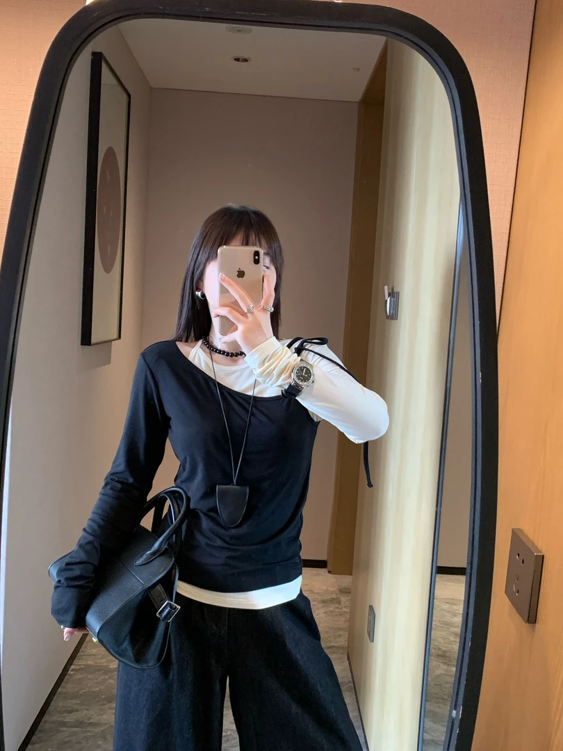 “雅丹风”叠穿真两件韩系时尚露肩休闲洋气显瘦拼色辣妹绑带T上衣