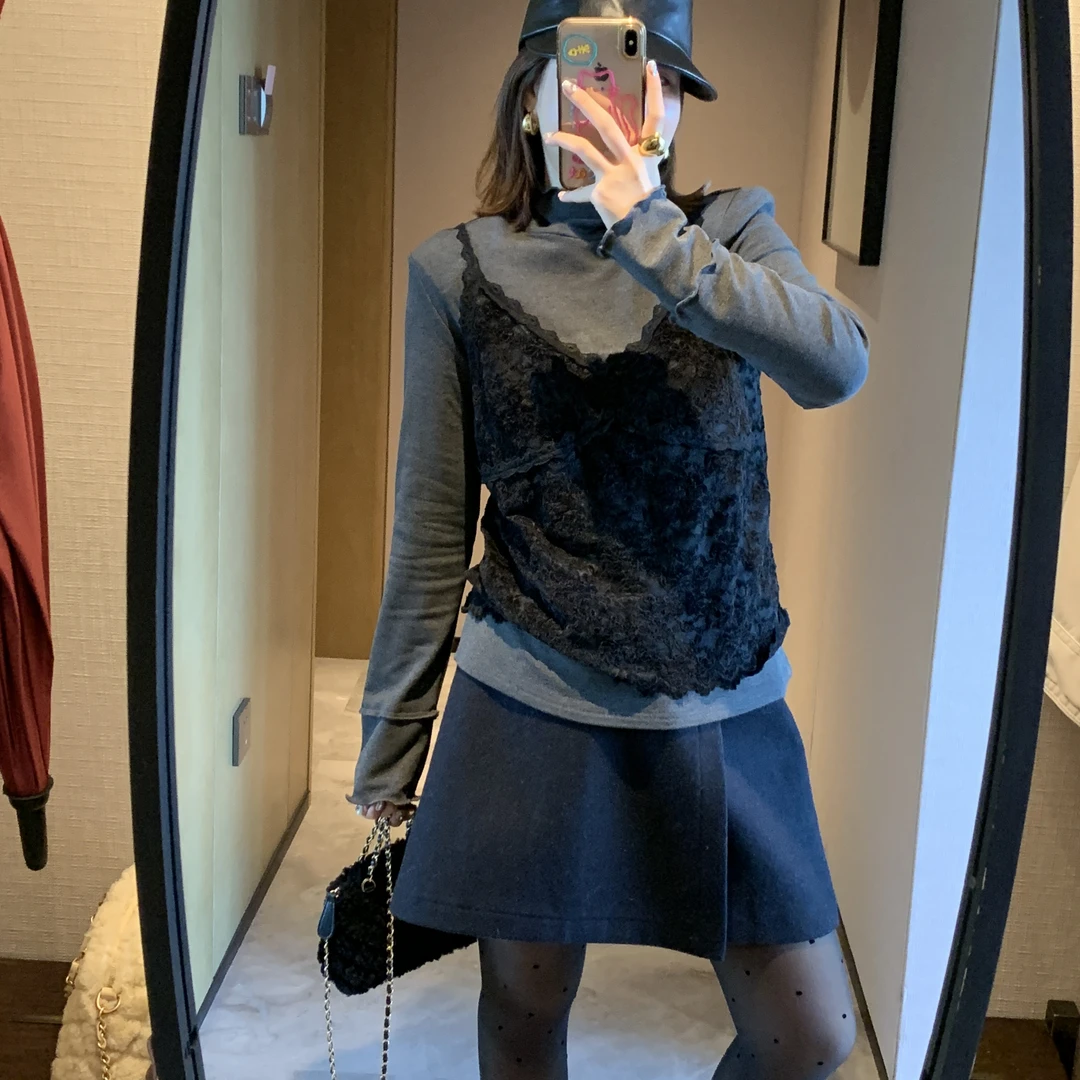 叠穿真两件吊带修身T恤波浪边韩系时尚休闲洋气显瘦百搭T上衣