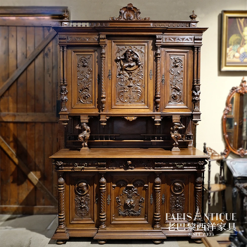老巴黎｜西洋古董家具 法国文艺复兴风格核桃木雕花铜配饰餐边柜