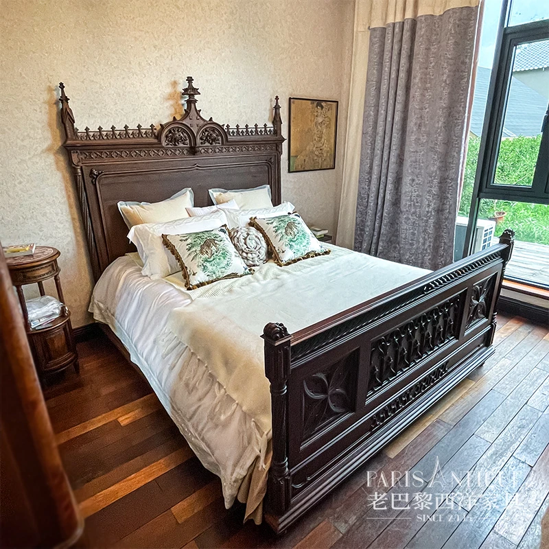 老咖西方｜古典家具 法式哥特风柚木实木床 不含床垫