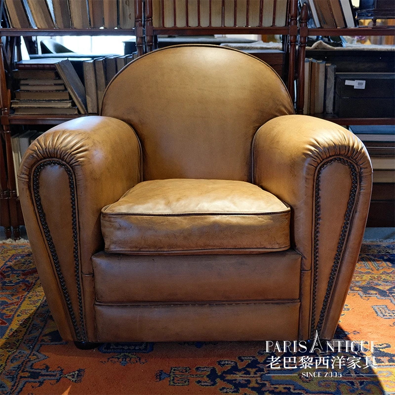老咖西方｜古典家具 转盘老上海单人牛皮沙发
