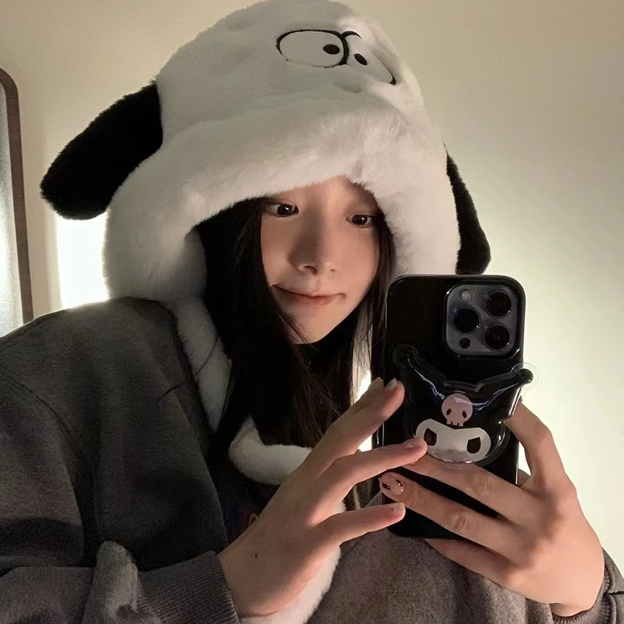 可爱软乎乎大眼小狗帽子女秋冬季骑车防寒保暖护耳系带毛绒雷锋帽