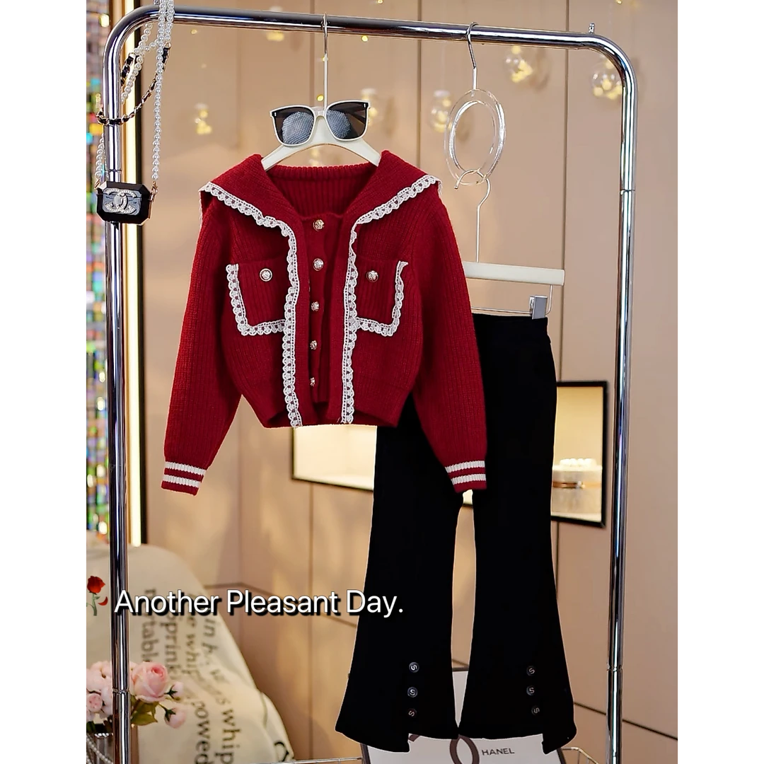 现货-女童秋装套装2024新款中大童毛衣两件套