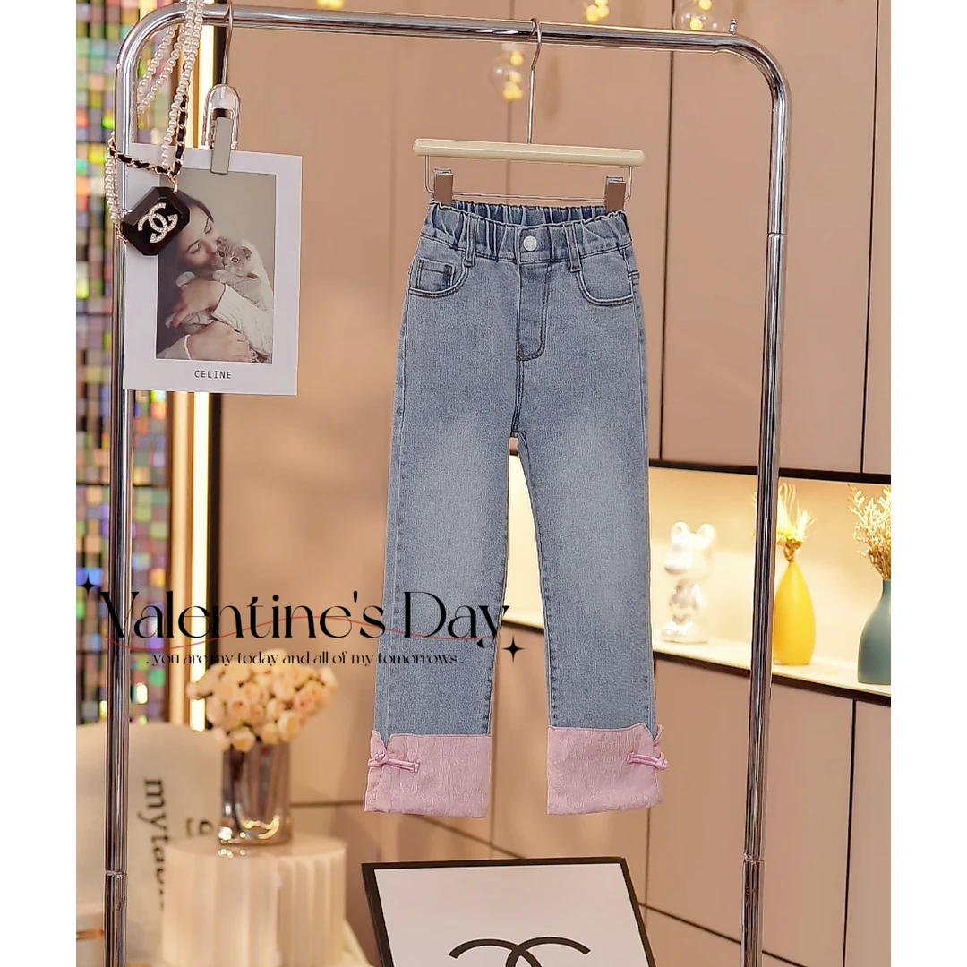 现货-女童2025春秋新款儿童洋气新中式国风牛仔裤直筒秋装长裤子
