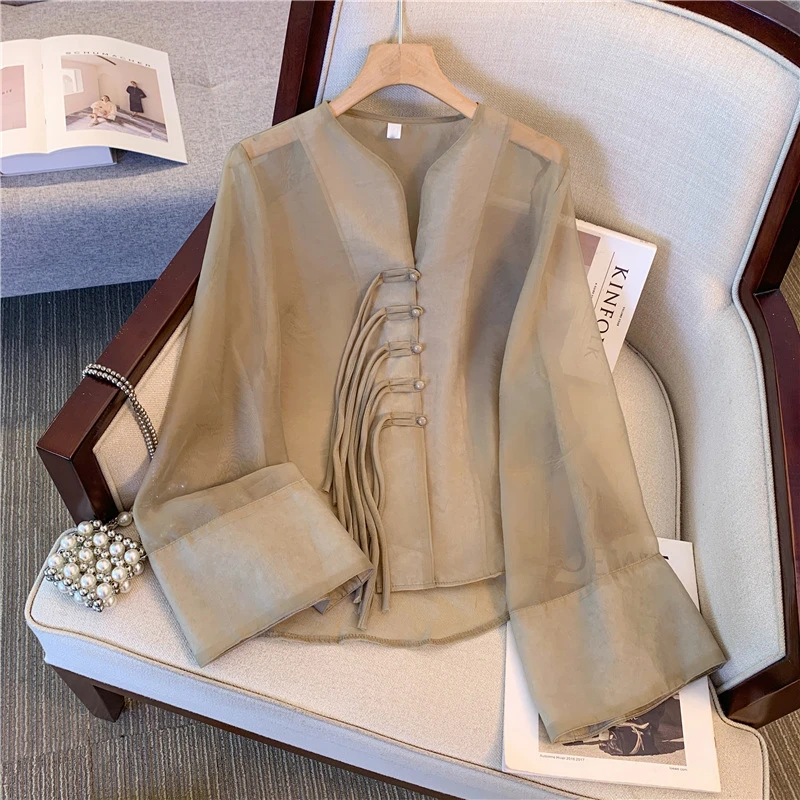 夏季薄款新中式国风防晒衣女大码微胖mm宽松复古盘扣设计感雪纺衫