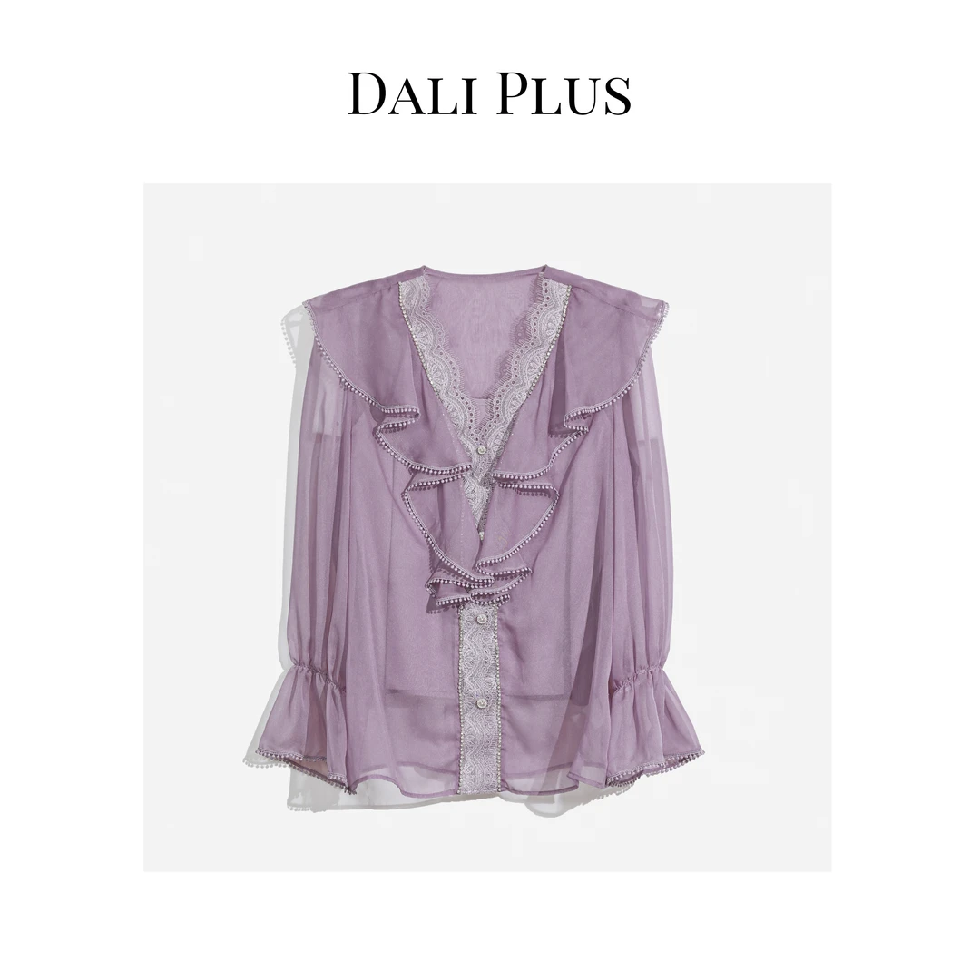 DALI PLUS时尚设计感精致蕾丝V领气质烟熏紫衬衫-MY33CS547