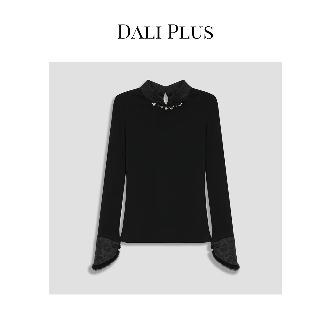 DALI PLUS新中式国风提花拼貂毛袖边时尚打底针织衫热力感SG5766