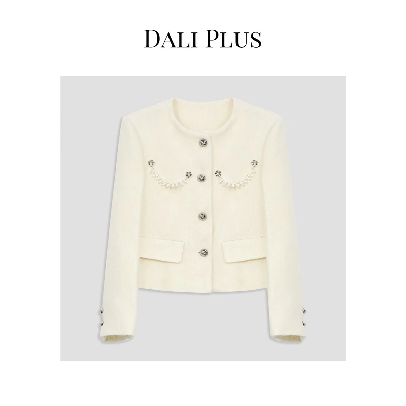 DALI PLUS羊毛马海毛小香针织外套+纯手工珍珠链设计热力感B1033