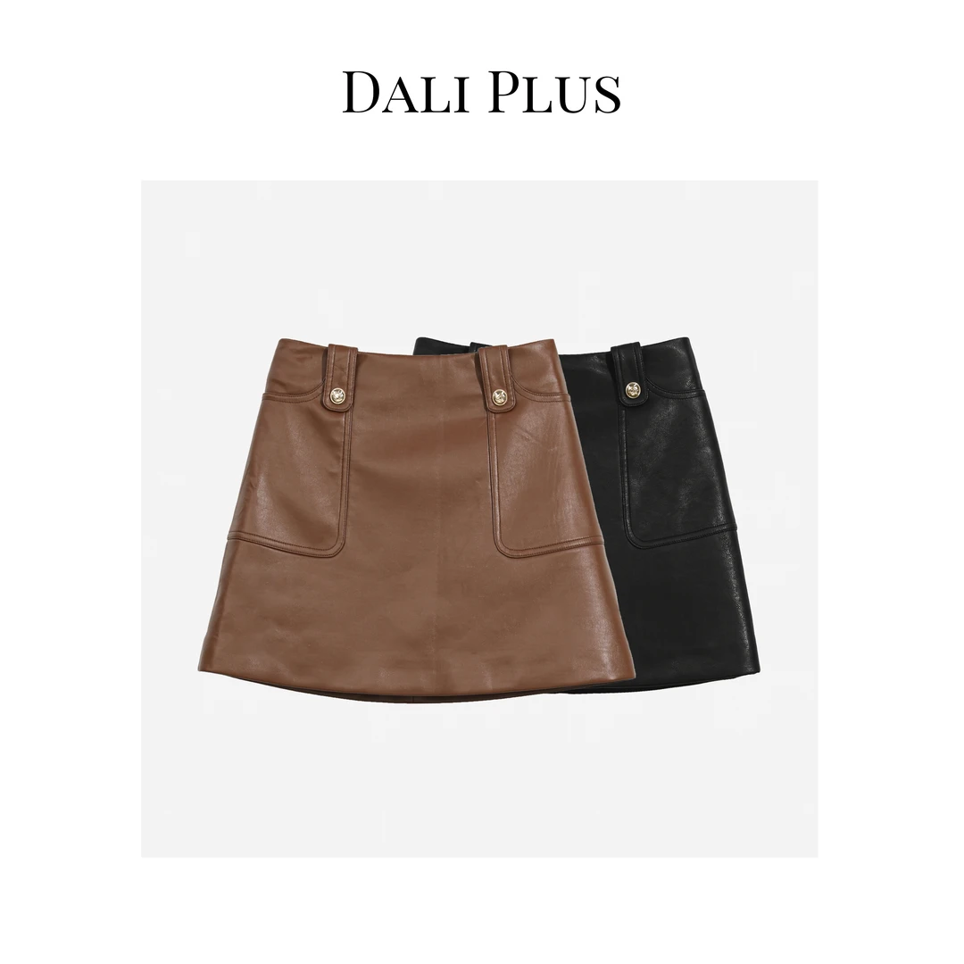 DALI PLUS复古百搭修身显瘦金扣皮裙 质感半裙-23413458