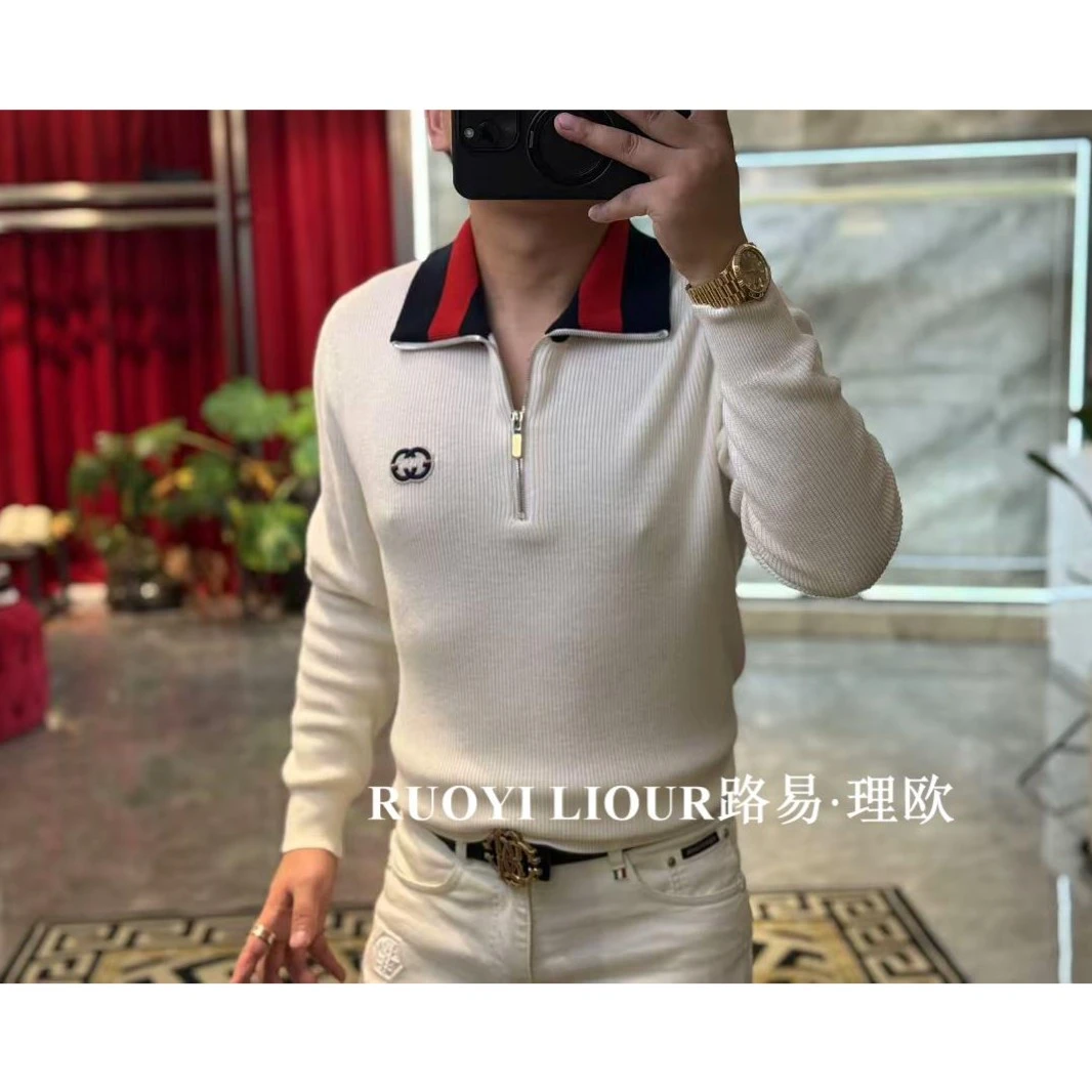 【路易理欧】潮流男欧货商务胸标纯色翻领半拉链休闲针织衫00893