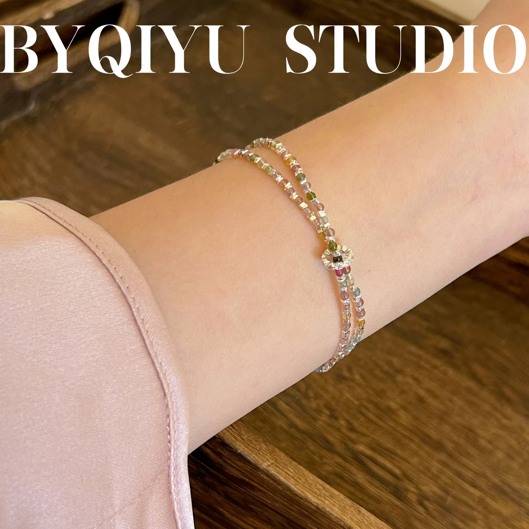 双层碎银子碧玺松松H牌S925银手链