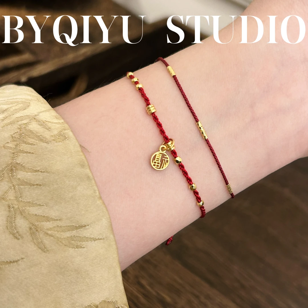 925银布艺手链 S925银日进斗金手工编织酒红色极细一条手绳