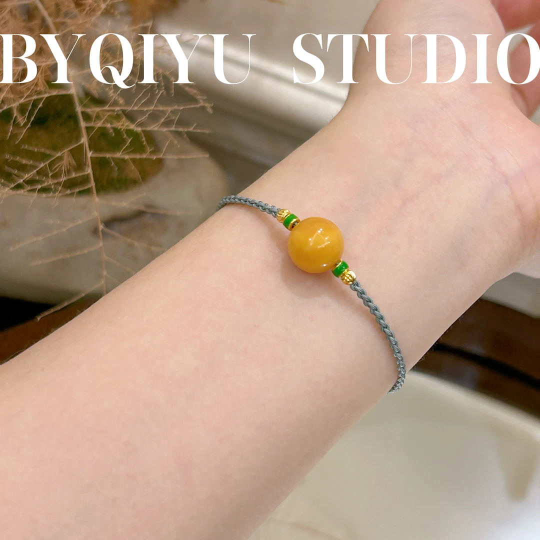 蜜蜡蓝绿色手工编绳手绳