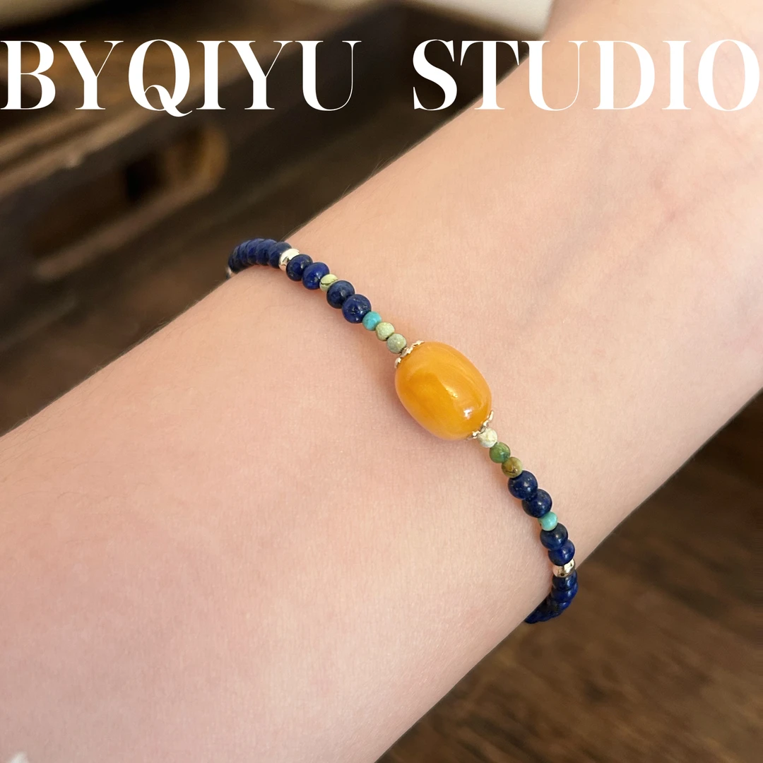 蜜蜡青金石S925银可调节手链