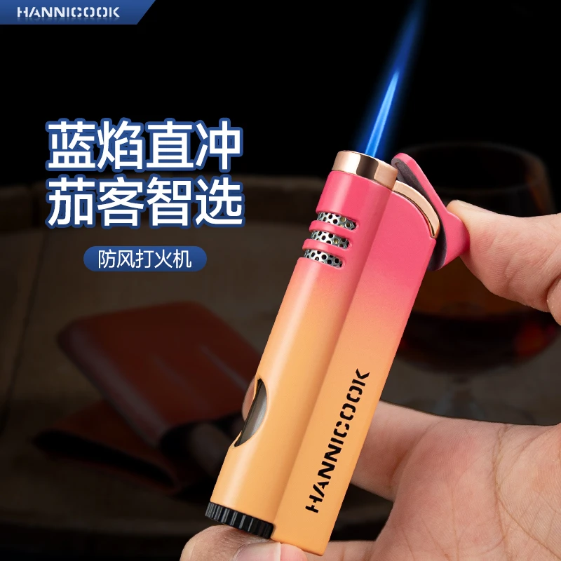 HANNICOOK防风打火机金属超薄小巧充气高档直冲蓝焰送男女友礼物