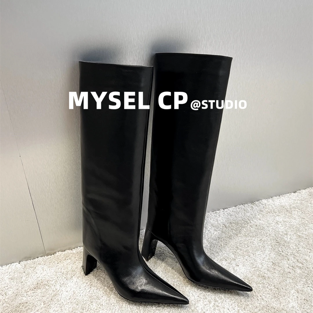 MYSEL CP夏天买的时髦尖头粗高跟气质靴子时尚长筒靴百搭之神