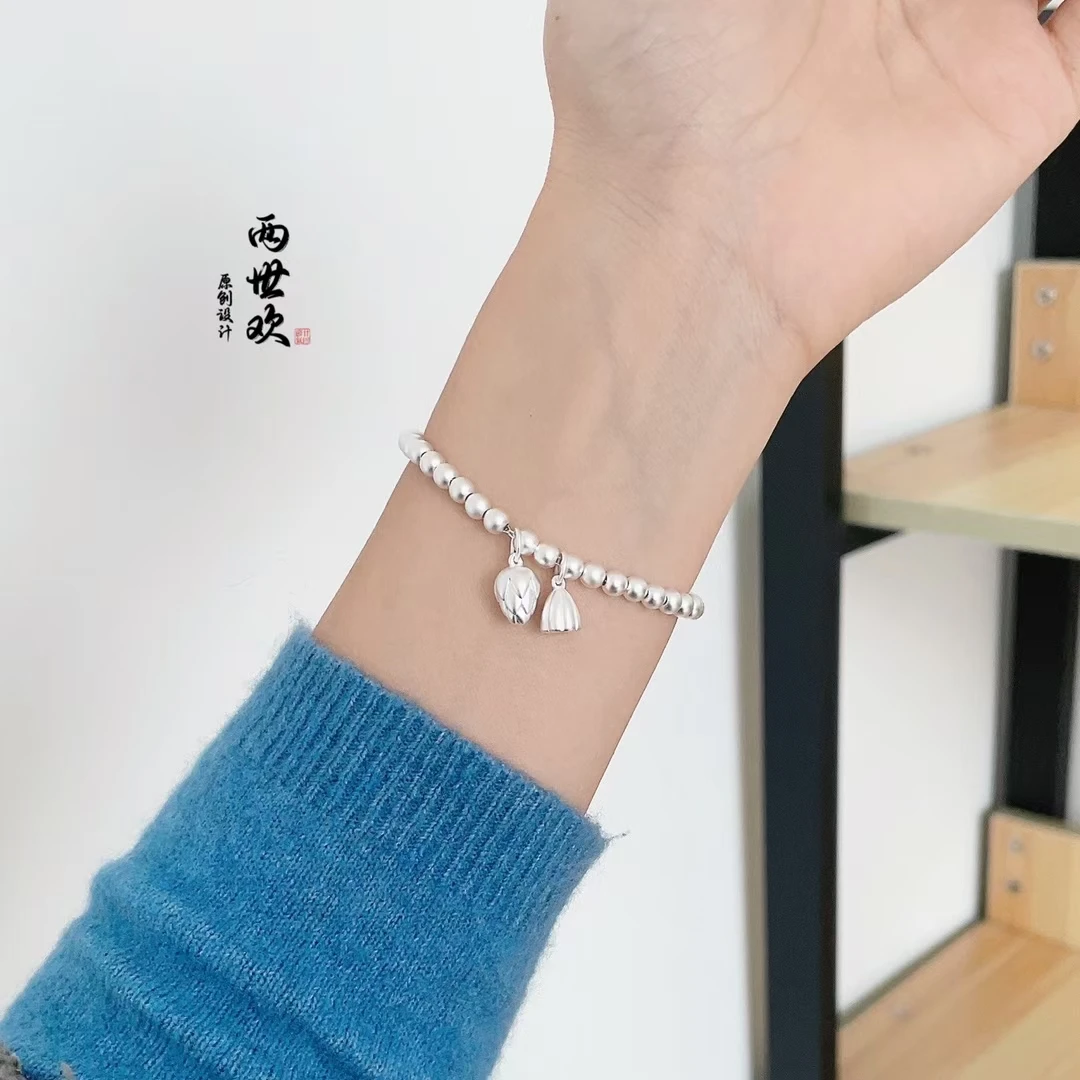 足银手链 4mm古法哑光两世欢手链民族风传承