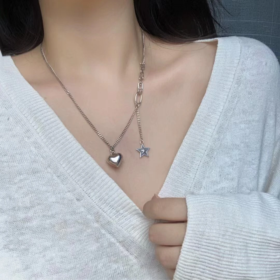 链子925银 爱心星星流苏项链