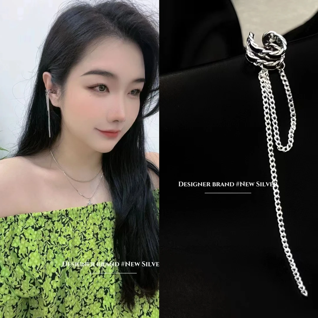 925银珐琅耳饰 黑色单支滴釉双层长款链条流苏耳骨夹甜酷冷淡风