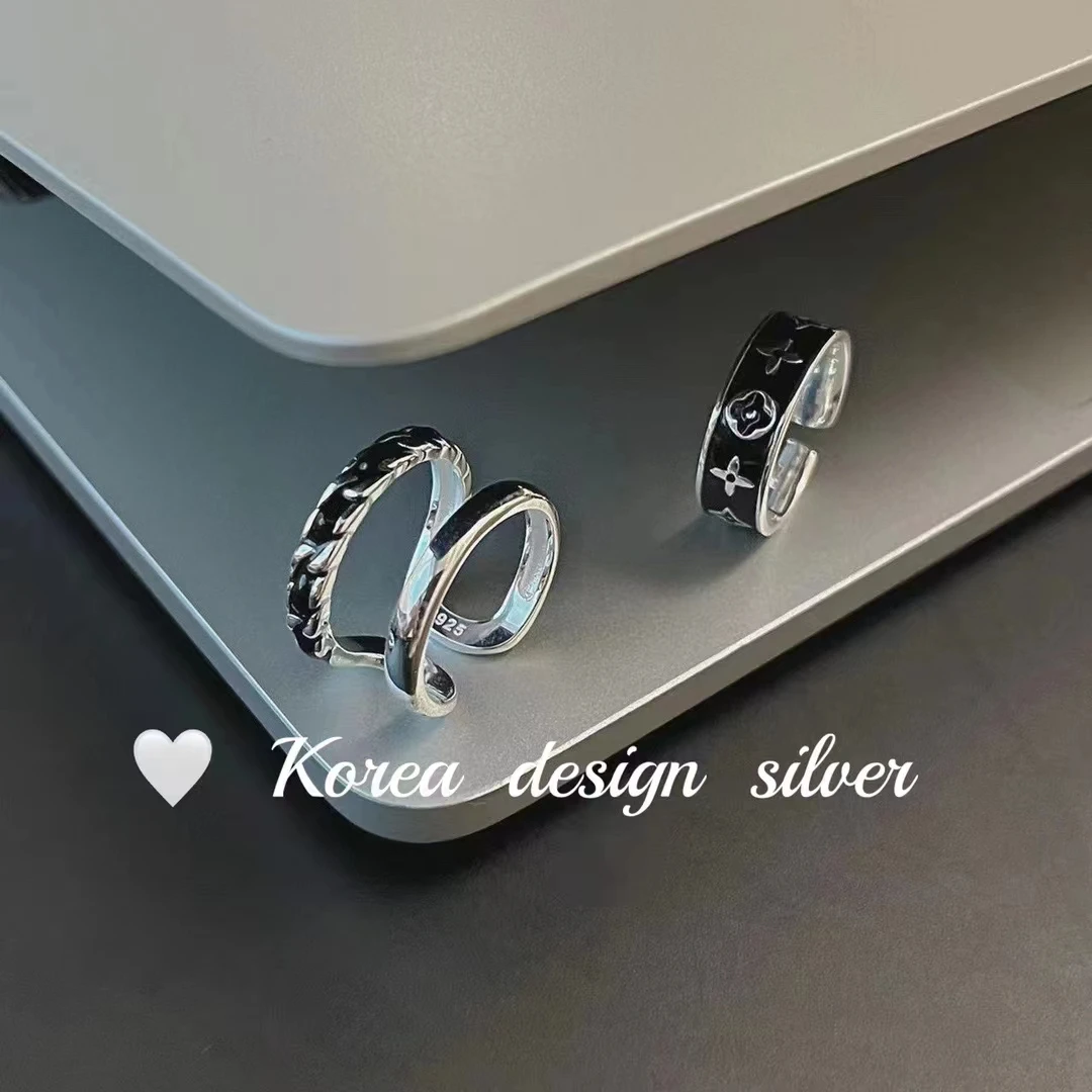 qing ni/青你 925银戒指 时尚黑色滴釉老花戒指 小众设计开口