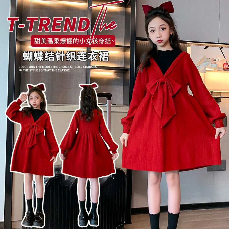 女童春秋新款大蝴蝶结韩版毛衣裙120-170（价格已开）